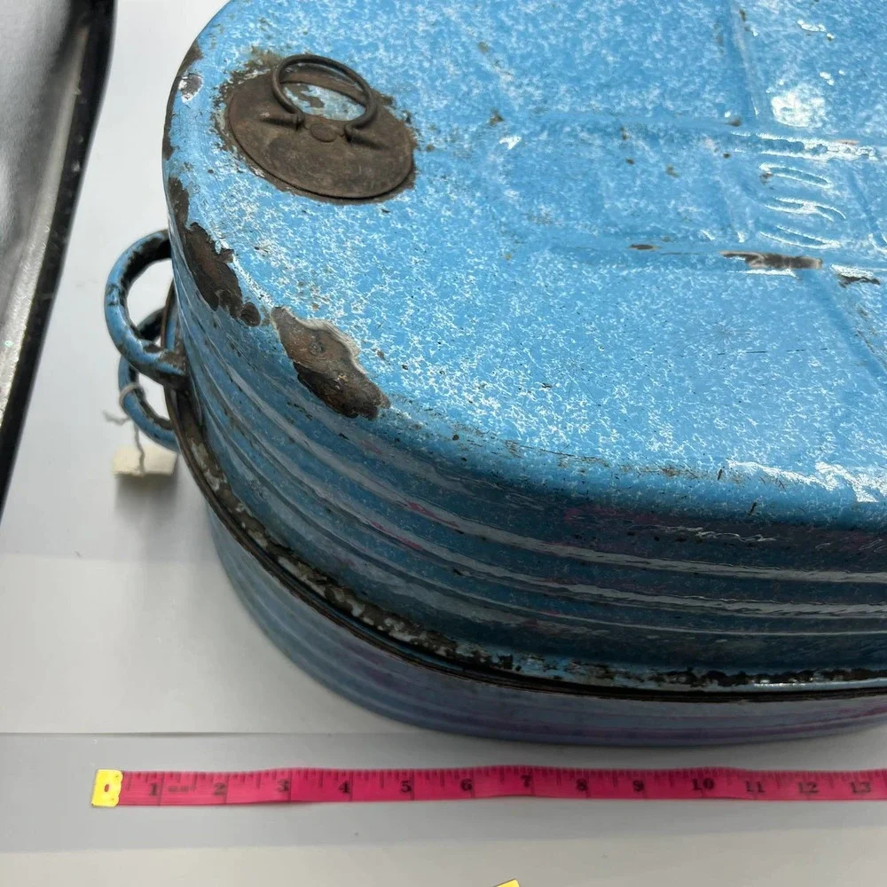 Antique Turquoise Cornflower Blue Large Roaster Rack Enamelware On Steel 4 Piece